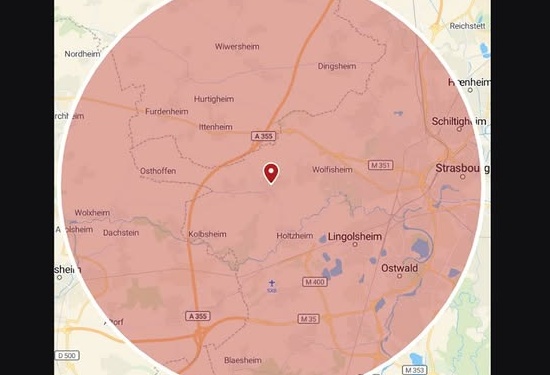 Carte des frais de déplacement et zone d'intervention de NC AUTO PRO autour d'Achenheim et Strasbourg