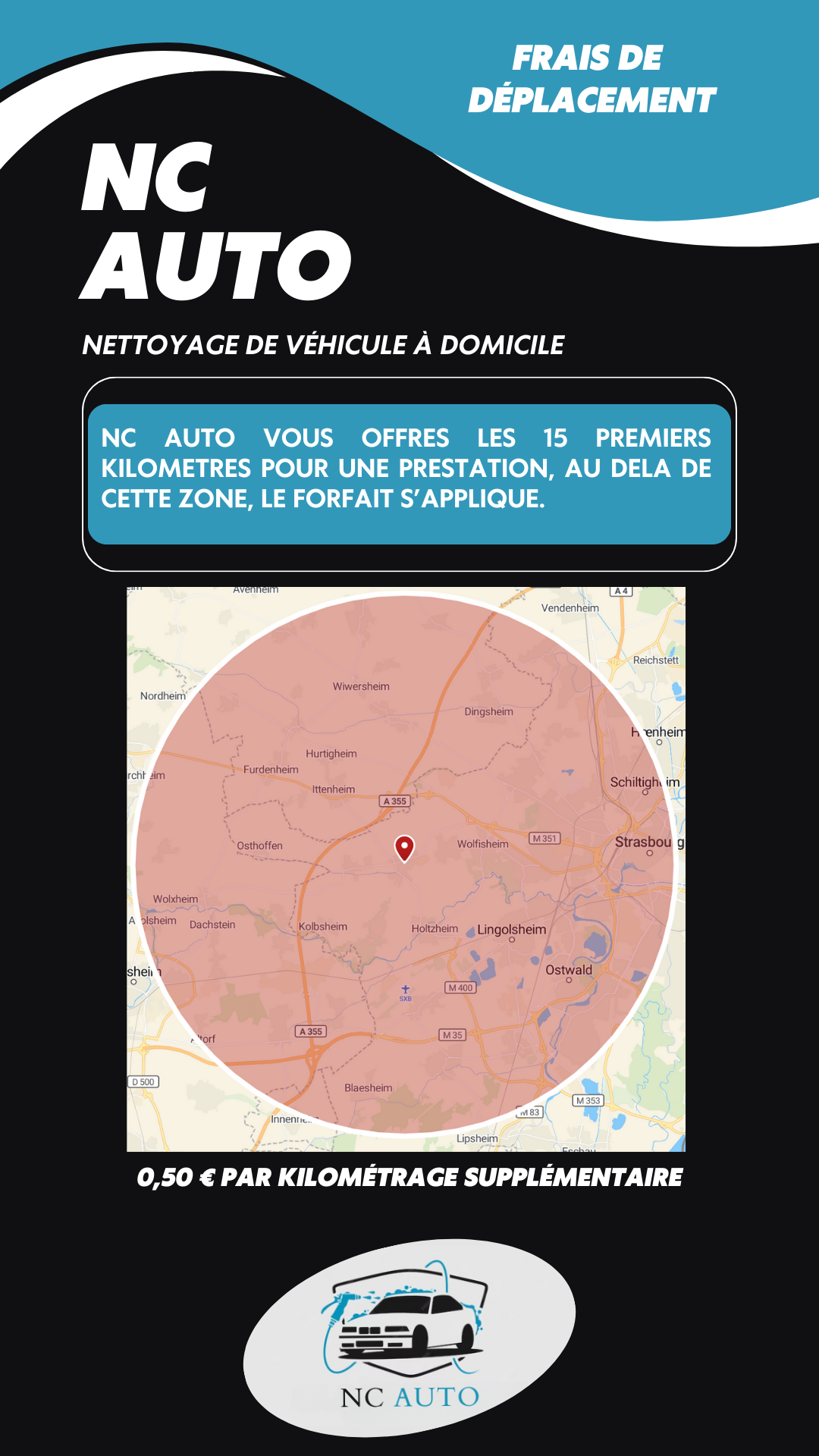 Carte des frais de déplacement et zone d'intervention de NC AUTO PRO autour d'Achenheim et Strasbourg